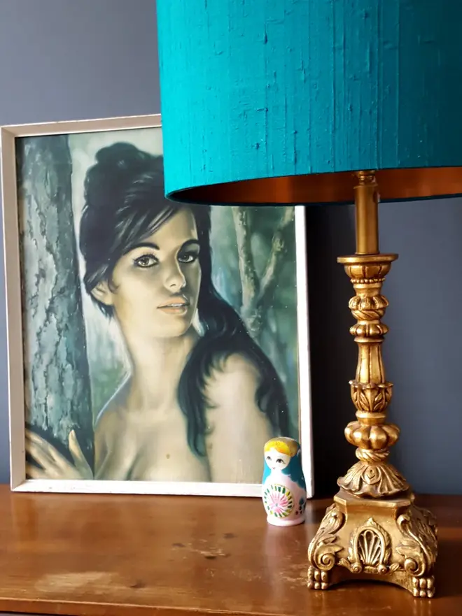Teal Blue Silk Handmade Lampshade With Copper or Gold Foil Lining, 