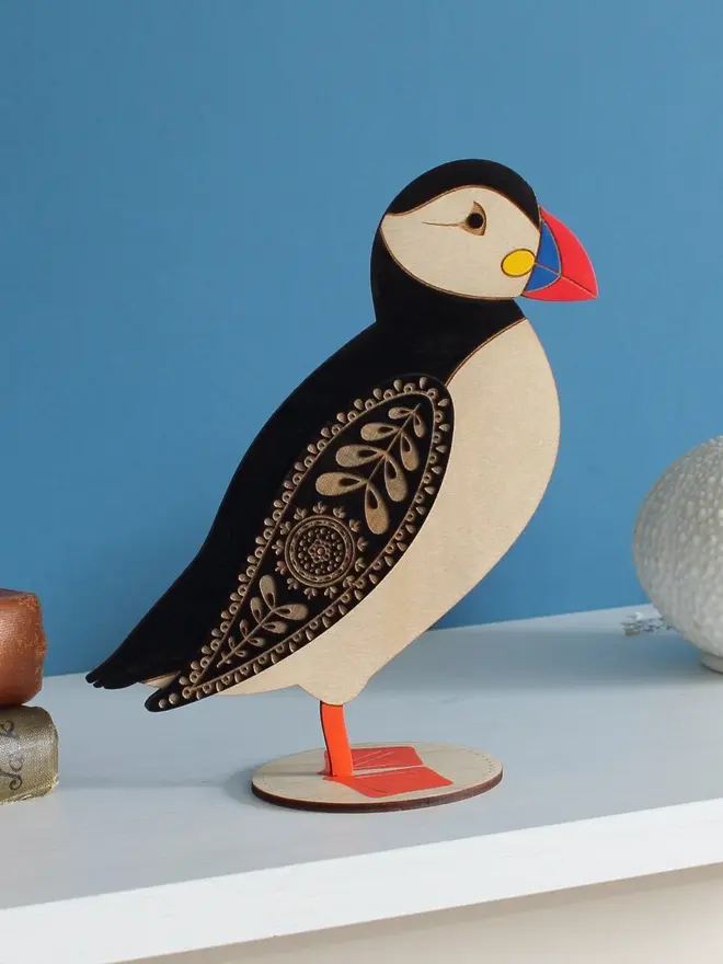 Standing Wooden Atlantic Puffin, wooden bird decoration standing on a platform. 