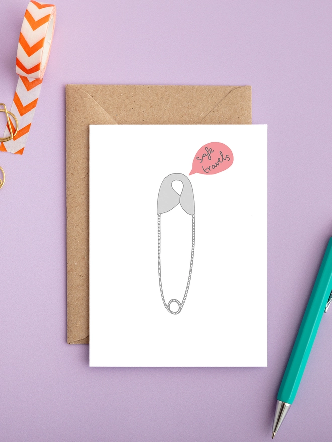 A funny leaving card featuring a safety pin