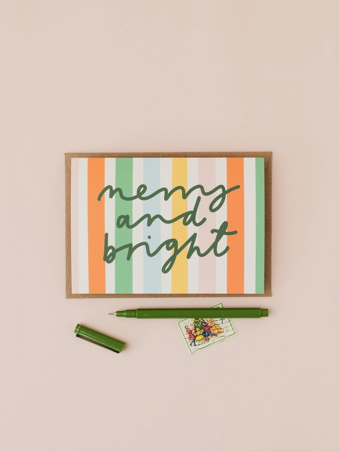 Merry and Bright striped Christmas Card