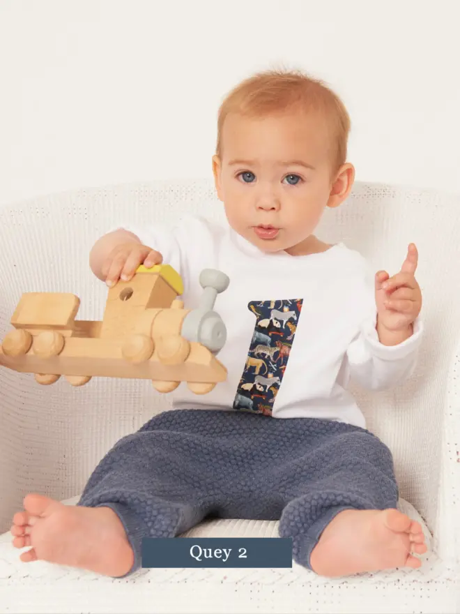 a 1 year old boy wearing a white birthday t-shirt with a number 1 cut from liberty zoo animal print on the front