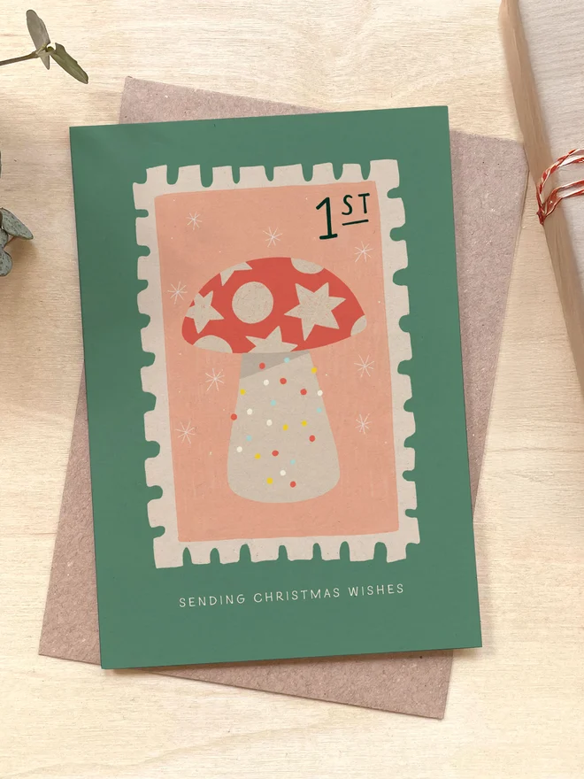 Toadstool Stamp Christmas Recycled Coffee Cup Card