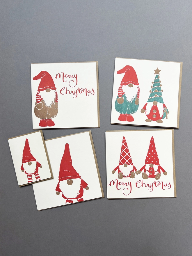 A selection of Letterpress printed Christmas gonks on big and little cards