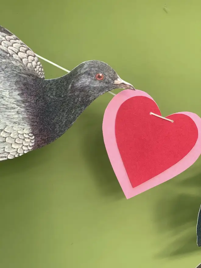 close up of bunting showing a pigeon head with pink and red heart
