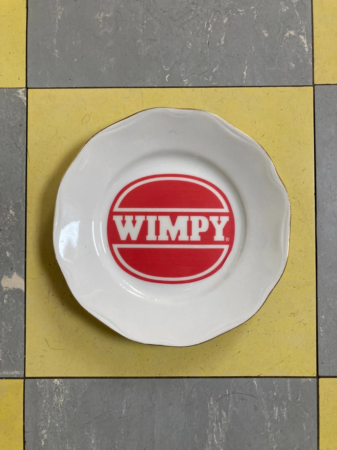 Wimpy, china, serving dish, large plate, vintage plate, vintage platter, vintage, vintage wimpy plate, vintage wimpy serving dish, handprinted, white plate. gold trim