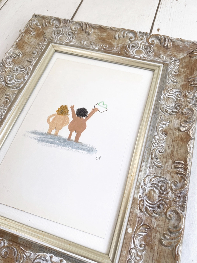 illustration of a nude couple facing out to see waving joyfully in chunky vintage style frame 