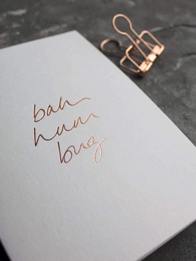 bah humbug white card metallic script