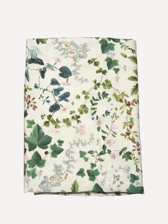 linen printed with leaves and flowers