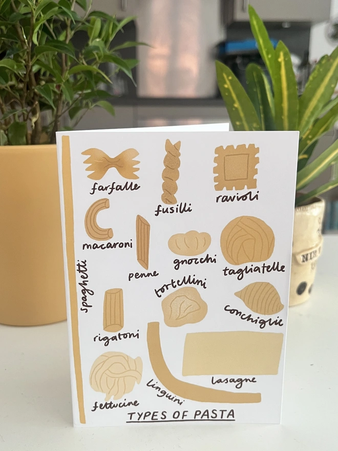 image of greetings card with pasta illustrations, on a shelf with plants in the background