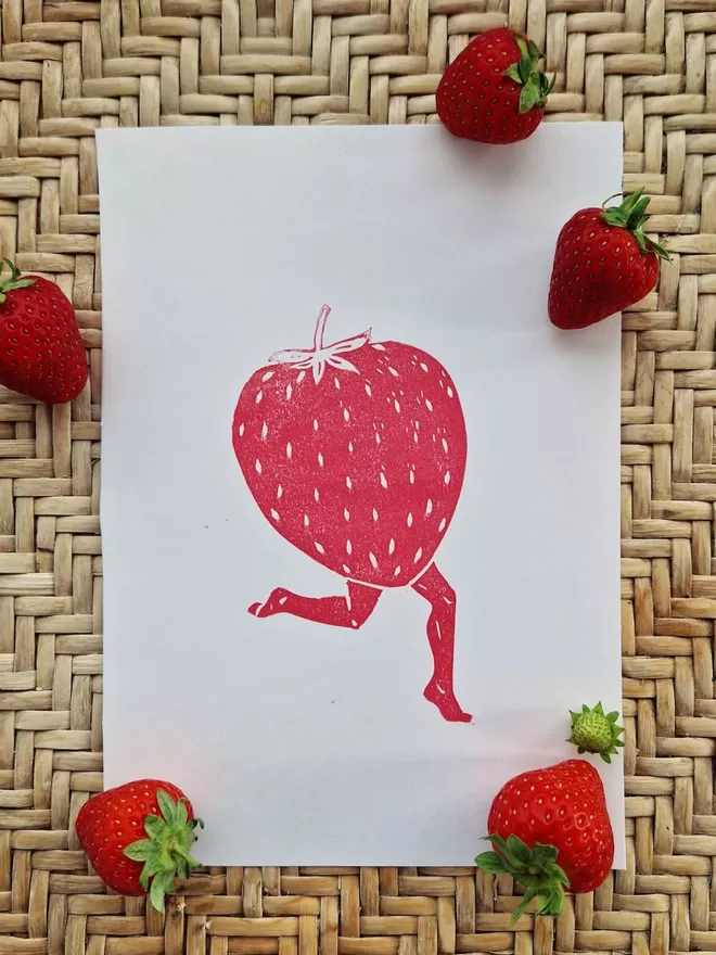 Dancing Strawberry Lino Print