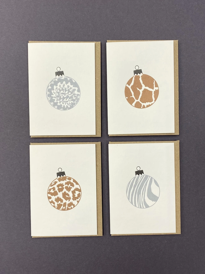 All four letterpress animal print Christmas baubles 
