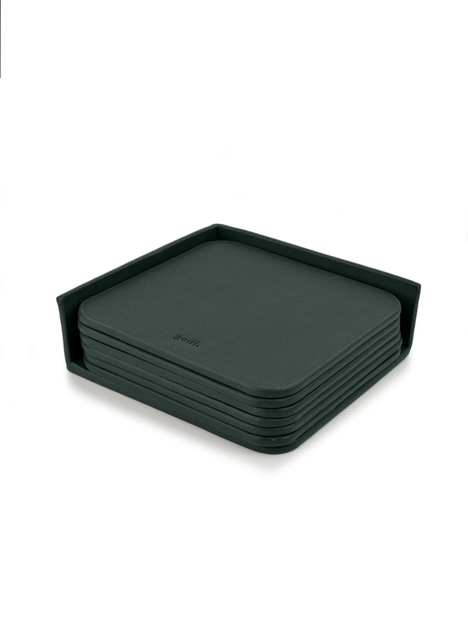 Dark green coasters image. Showing the set of 6 with the stand