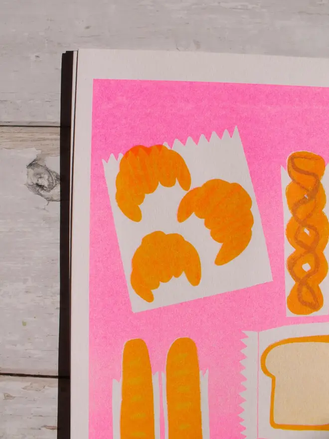 Bread, Croissants, Neon Pink A4 Risograph Print
