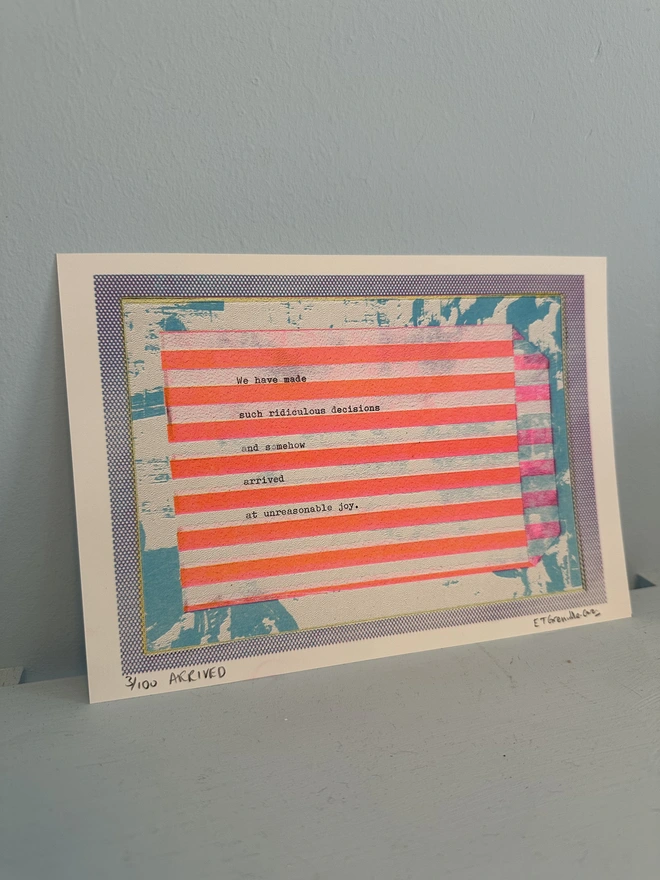 a5 limited edition risograph print with pink and white stripes 