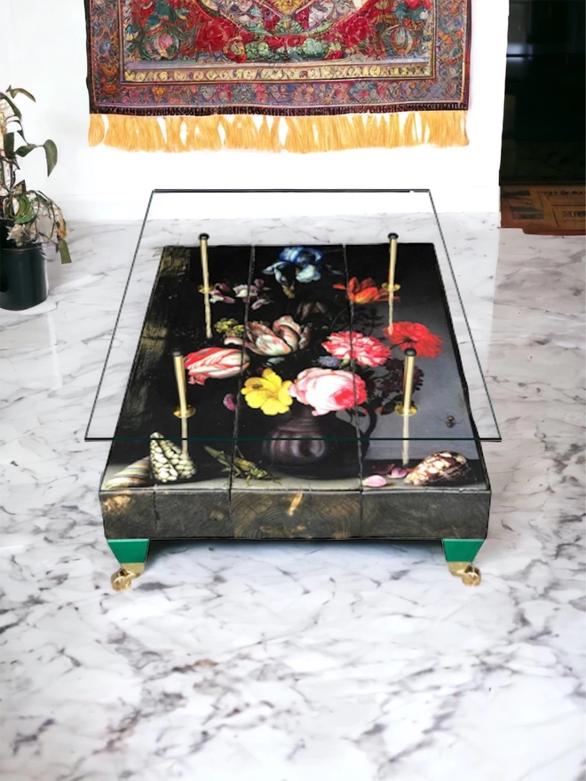 hand built chunky beam coffee table with glass top