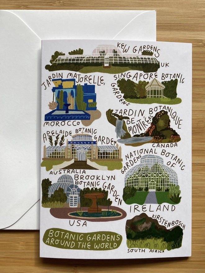 Greetings card illustrated with a variety of botanic gardens around the world
