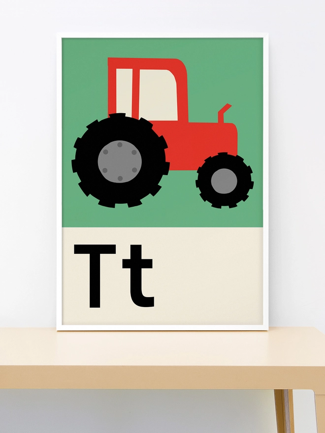 wall print of an illustrated red tractor on green background