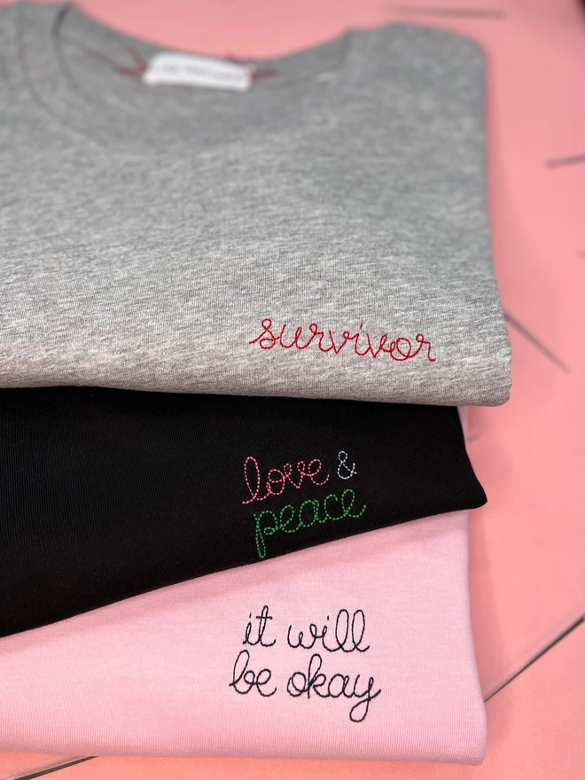 survivor, love & peace, it will be okay embroidered T-shirts