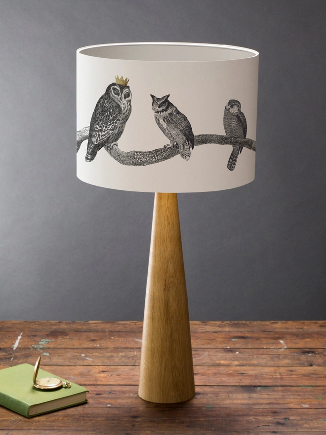 Drum Lampshade featuring owls on a branch on a wooden base on a shelf with books and ornaments