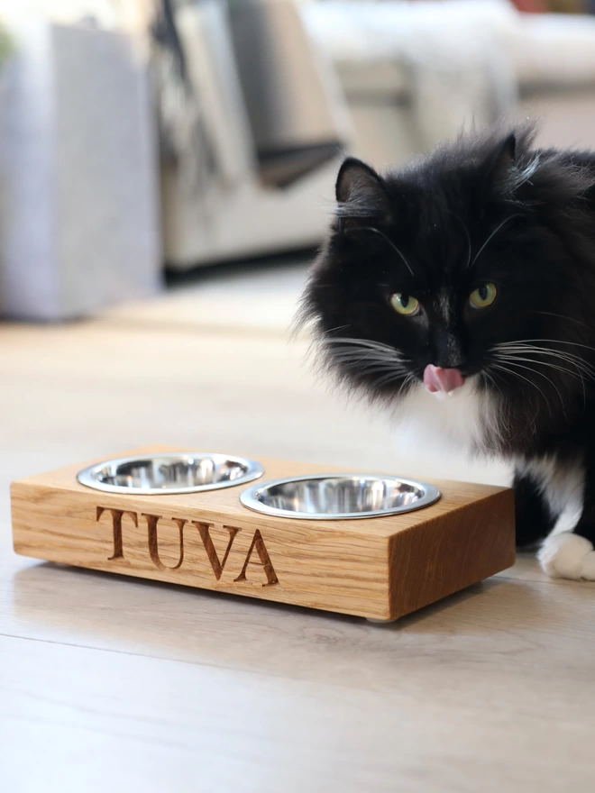 Personalised Oak Cat Bowl - Double