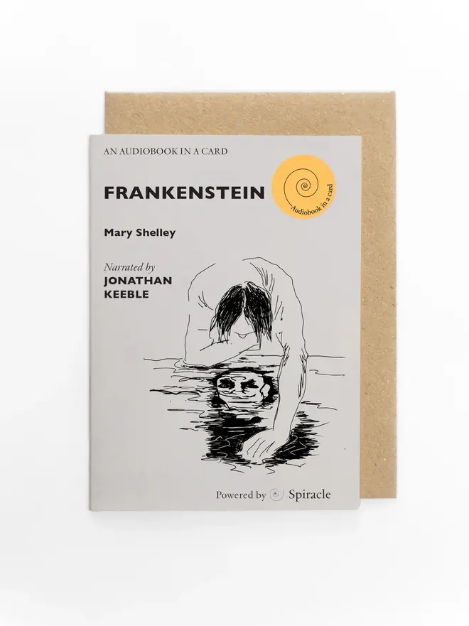 Frankenstein By Mary Shelley Audiobook In A Card, against a white background. 
