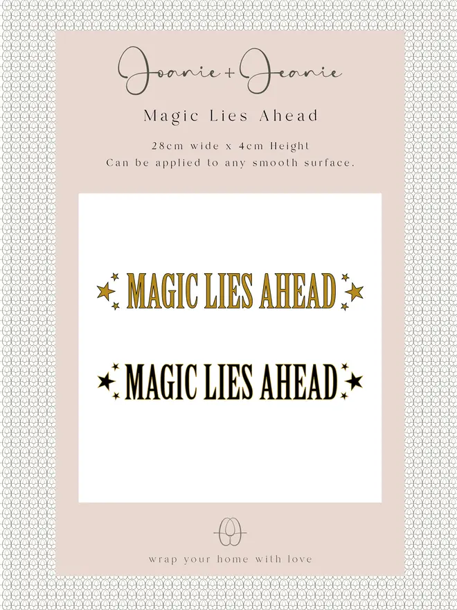 Magic Lies Ahead wall and mirror sticker by Joanie and Jeanie – black lettering decal ideal for teenage bedroom décor and Halloween.