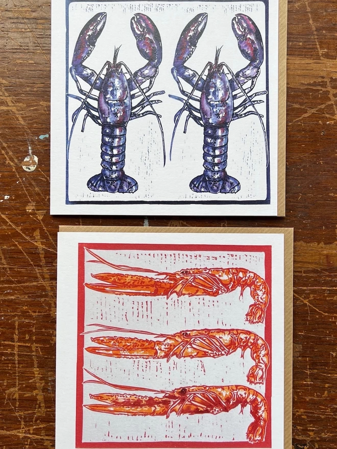 lobster and langoustine art cards