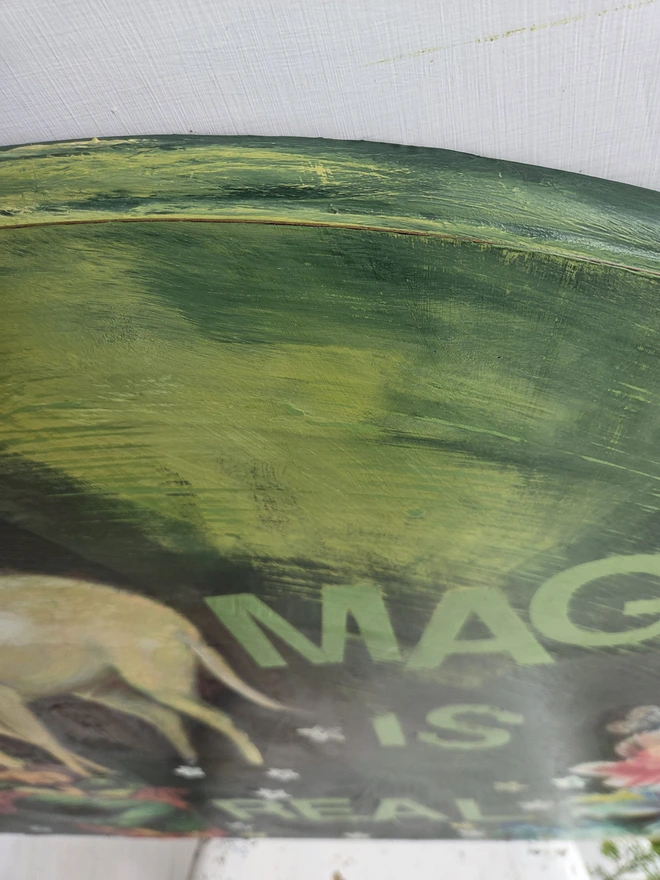 A magical unicorn art panel made from a reclaimed table-top