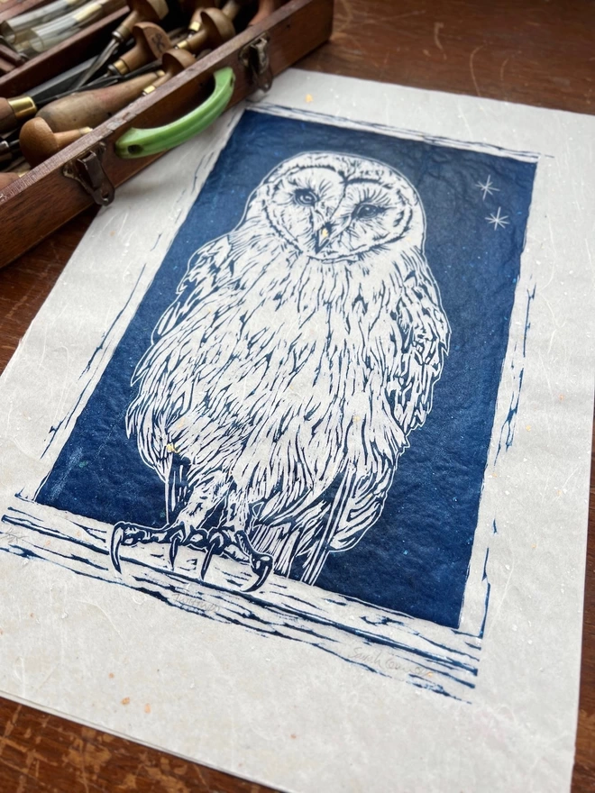 Barn owl linocut print on japanese tissue paper 