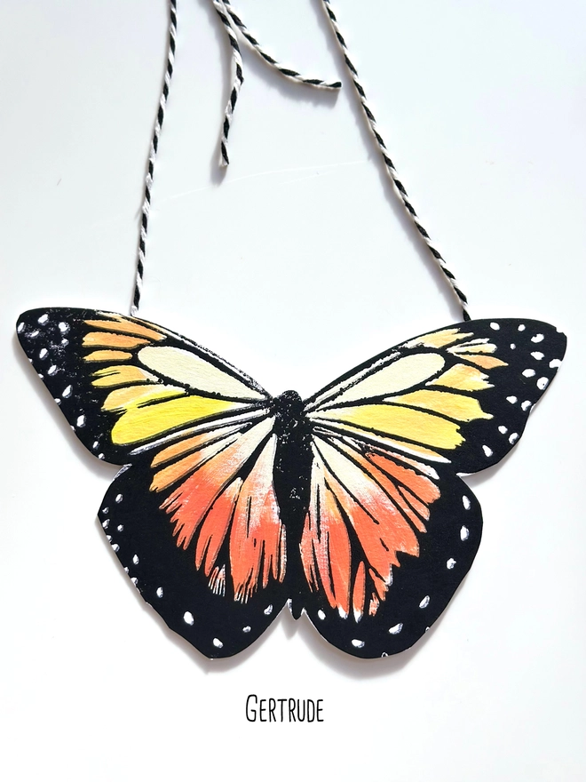 Hand Painted Butterfly Colourful Linocut Hanging Decoration In Orange yellow Peach and black