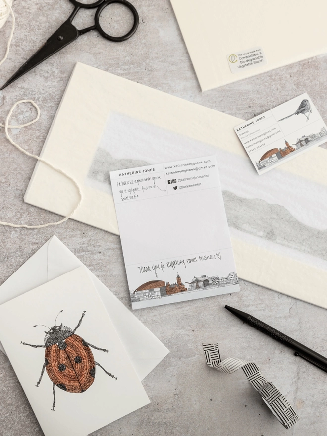 Detailed Ladybird notecard, personalised thank you note and sustainable eco-friendly packaging