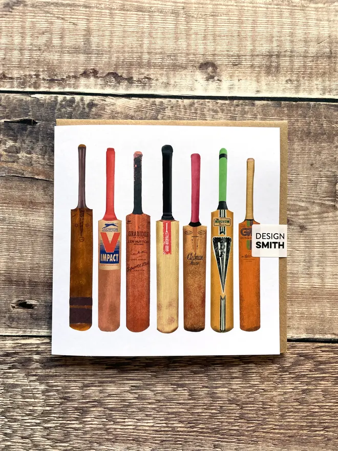Cricket Bats Blank Greetings Card, paired with a brown envelope 