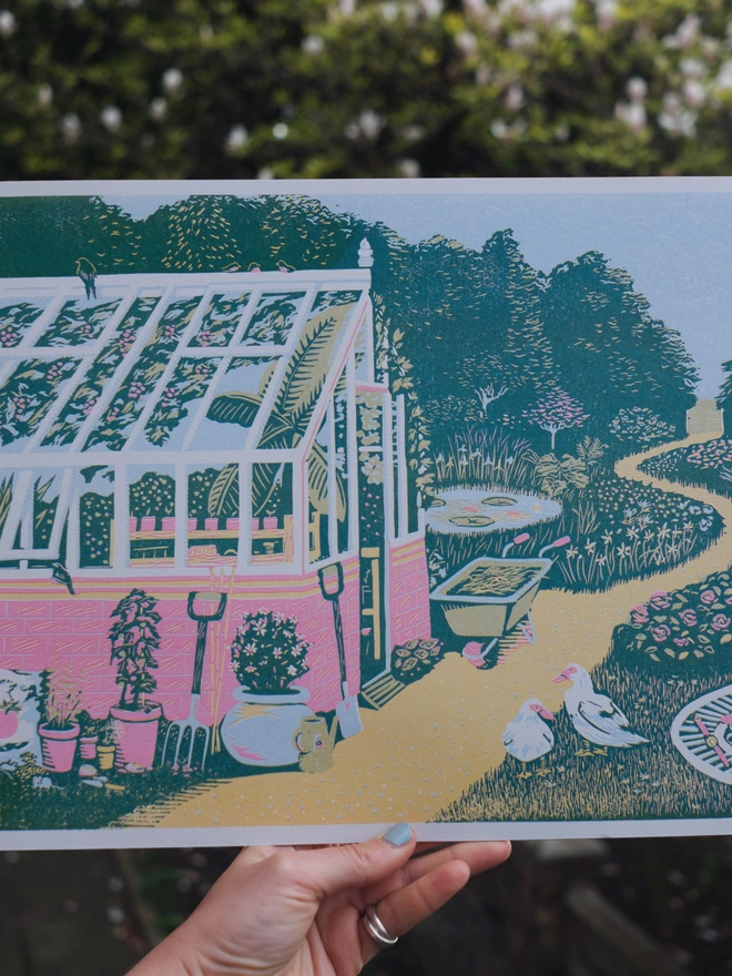 A vibrant print of a garden and greenhouse 