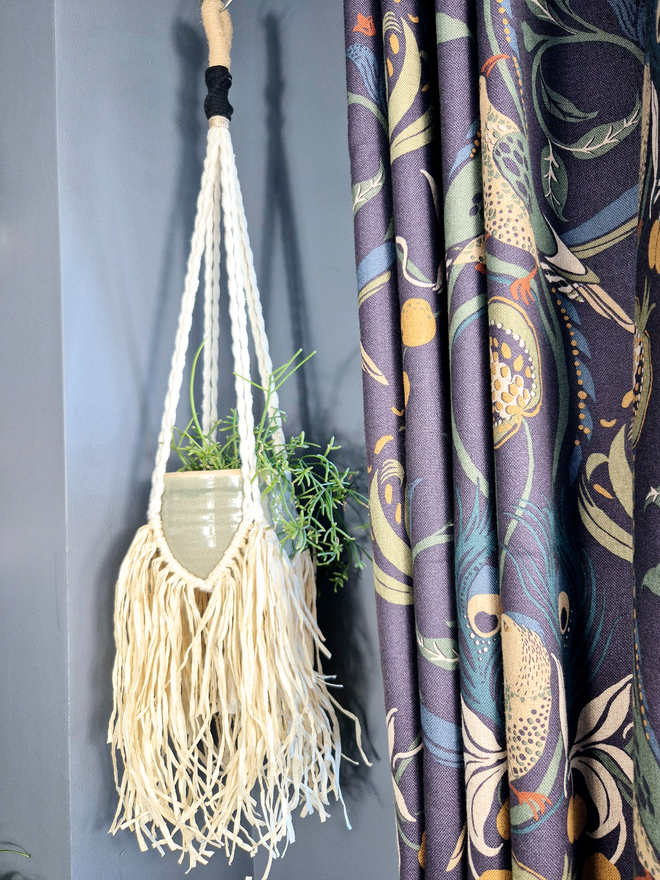 Handmade unique macrame raffia plant hanger featuring intricate knots and a natural texture, perfect for showcasing indoor plants and enhancing home decor