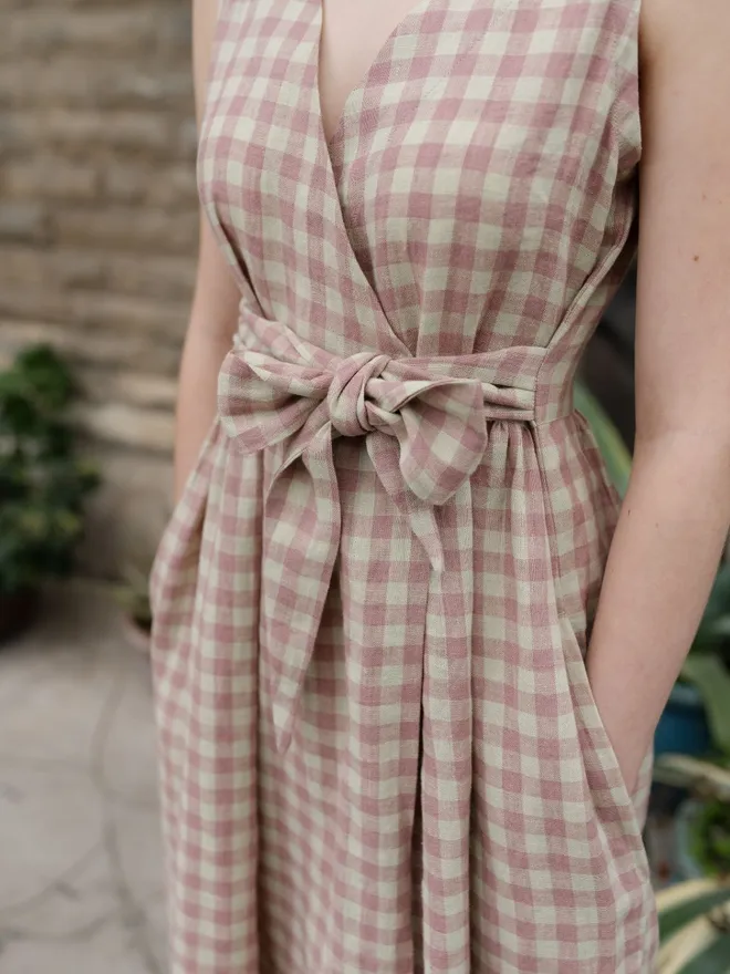 Frida sleeveless wrap dress in linen check