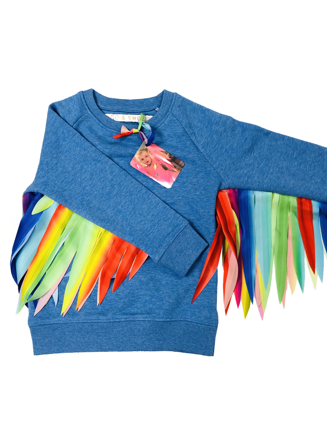 childrens organic sweatshirt with feather effect rainbow wings made from recycled fabric