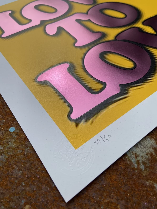Metallic Hot Foil  "Love to Love" Screen Print in yellow. typography says love to love with a drop shadow the print is square 