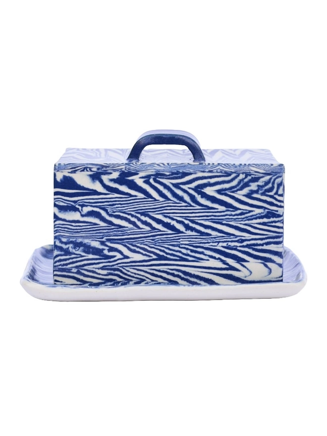 Herringbone Butter Dish, a blue butter dish sitting on a white surface. 
