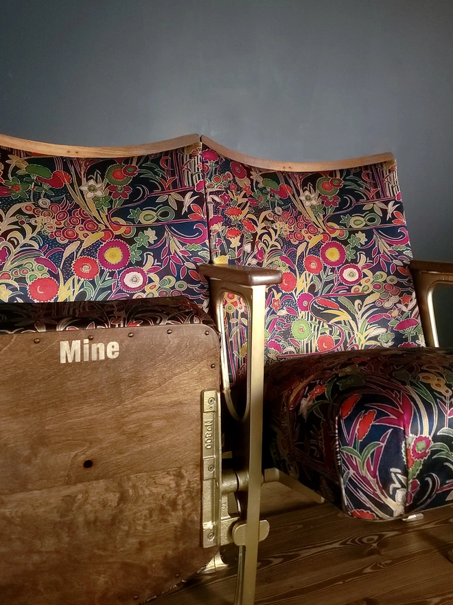 Cinema seats with Mine under the seat, floral velvet and gold metal