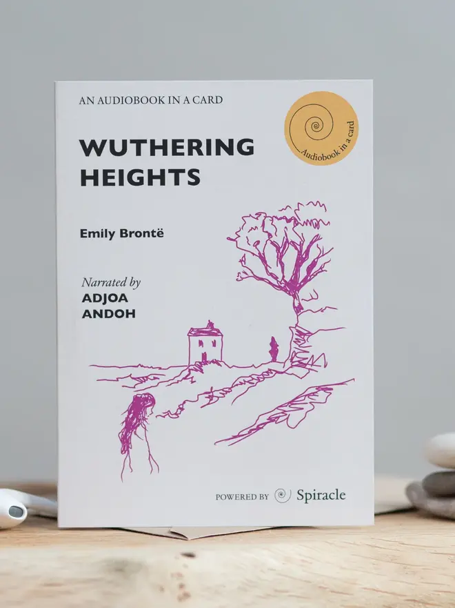 Wuthering Heights By Emily Brontë Audiobook In A Card, against a grey background. 