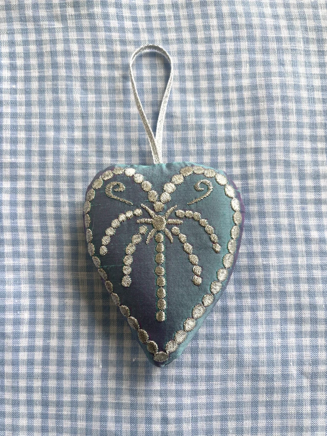 Silk heart ornament: pale blue silk, silver thread and ribbon