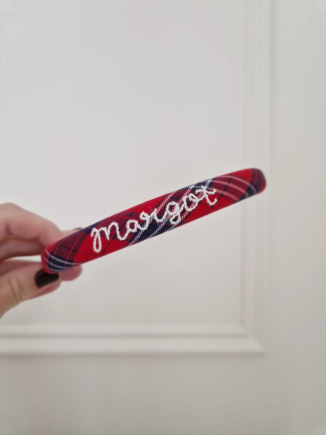 hand embroidered red blue tartan name headband