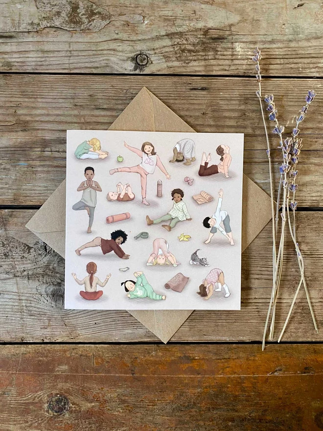 a greeting card showing an illustration of lots of children doing yoga poses