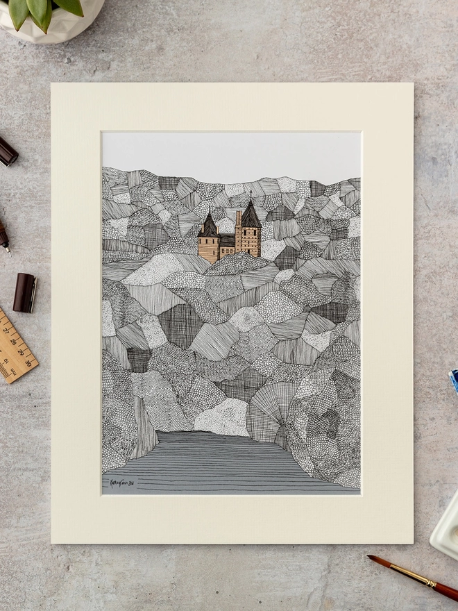 Print of detailed pen and watercolour drawing of Castell Coch, South Wales, surrounded by forest, in a soft white mount