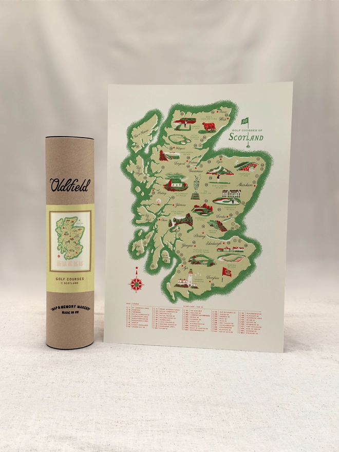 Golf Scotland map print with tube packaging