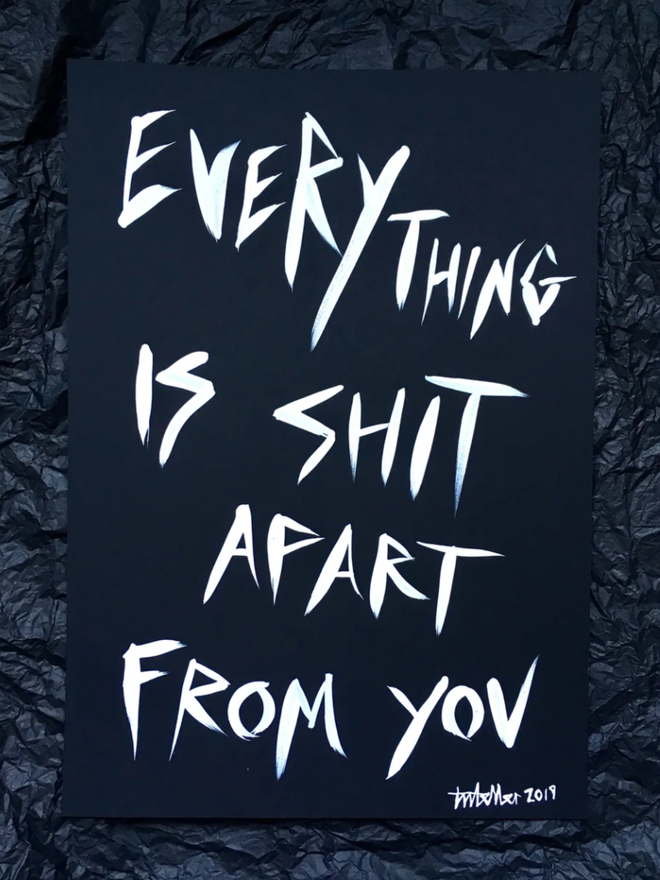 'Apart from You' painting.  White ink on black paper. 