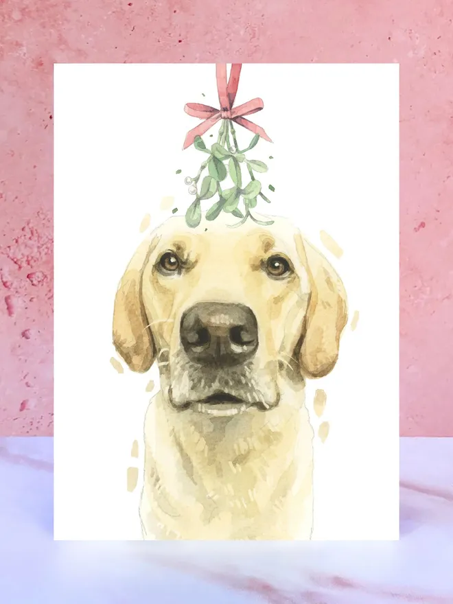 yellow labrador dog mistletoe christmas card