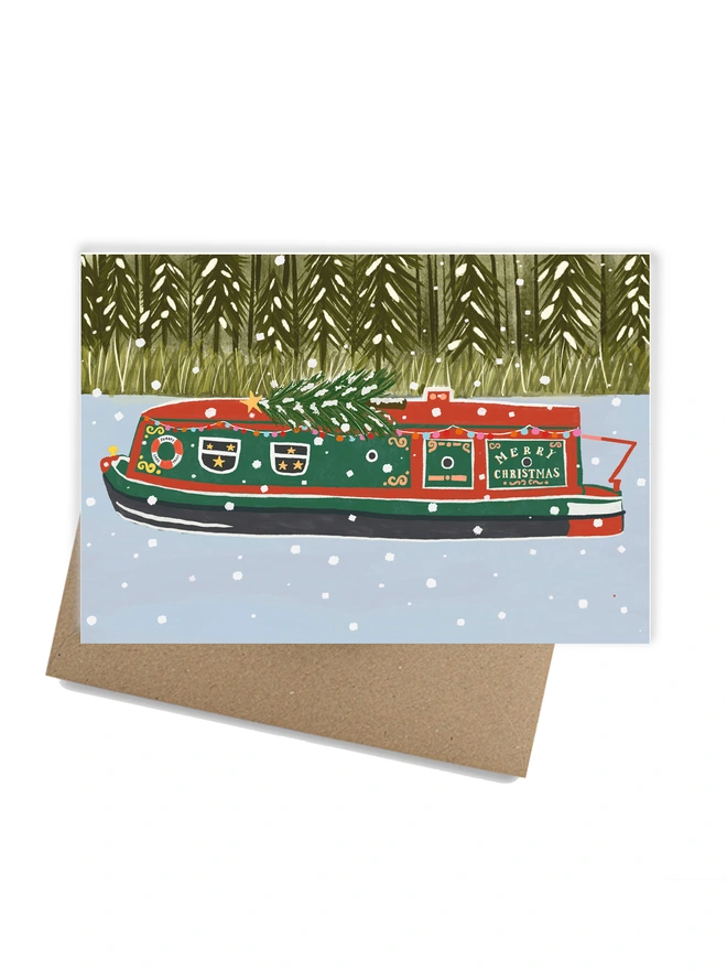 canal boat foiled christmas card 