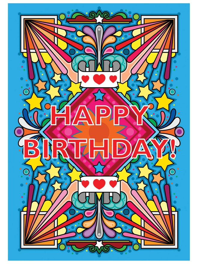 A vibrant blue birthday card with a bold multi-coloured pattern, with Happy Birthday at the centre. 