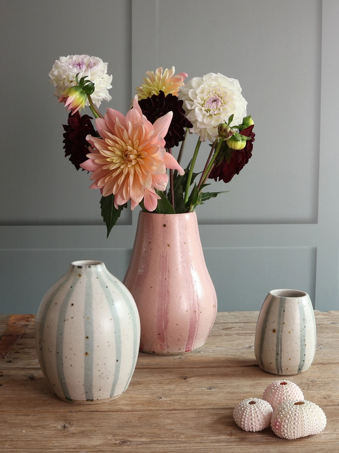 Three Handmade Ceramic Stoneware Stripe Vases sat on a wooden surface. Two of the vases feature a blue and white stripe, and the largest vase features pink stripes and is filled with a bouquet of pink, white and red flowers. A collection of three pink sea urchins sit on the wooden surface in front of the smallest vase. 